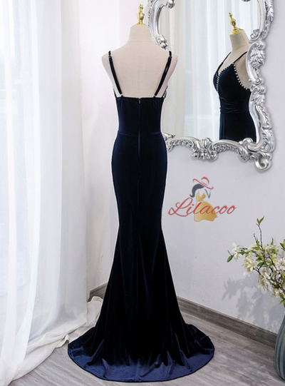 Navy Blue Mermaid Velvet Beading Prom Dress