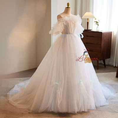 White Tulle Strapless Pleats Wedding Dress