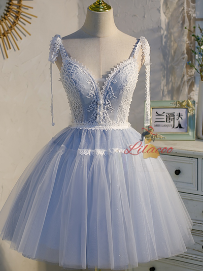 Simple Blue Tulle Lace Straps Homecoming Dress