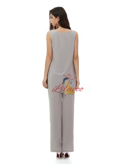 Gray Chiffon 3 Piece Mother Of The Bride Dress