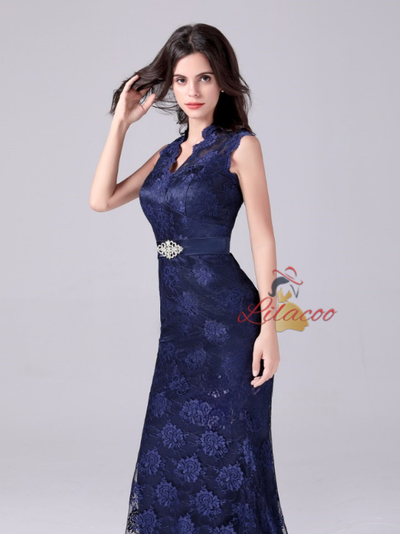 Navy Blue Mermaid Lace V-neck Mother Of The Bride Dress