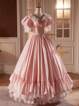 Pink Satin V-neck Puff Sleeve Lace Wedding Dress