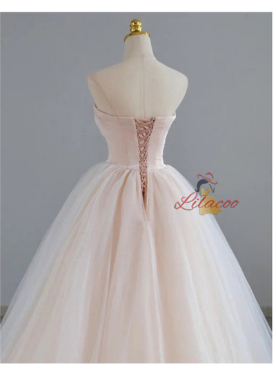 Pink Tulle Strapless Beading Prom Dress