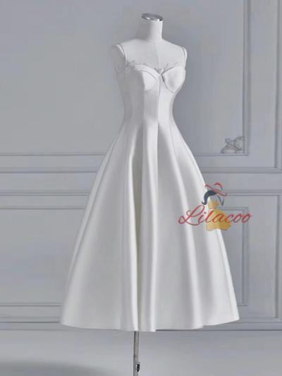 White Satin Spaghetti Straps Wedding Dress