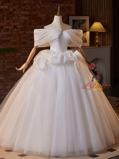 White Tulle Off the Shoulder 3D Flower Wedding Dress