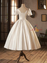 White Satin Short Sleeve Button Wedding Dress
