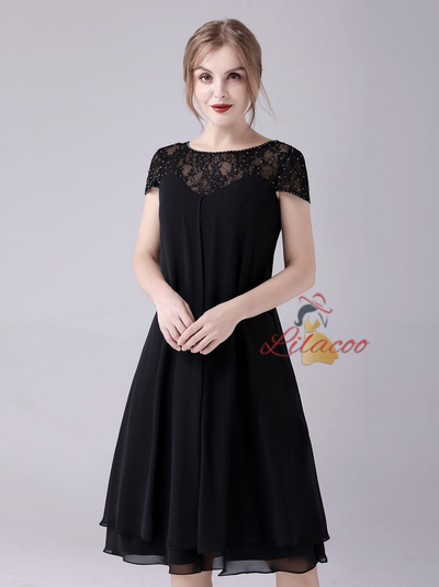 Black Chiffon Lace Cap Sleeve Mother Of The Bride Dress