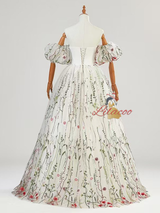 White Tulle Embroidery Puff Sleeve Prom Dress