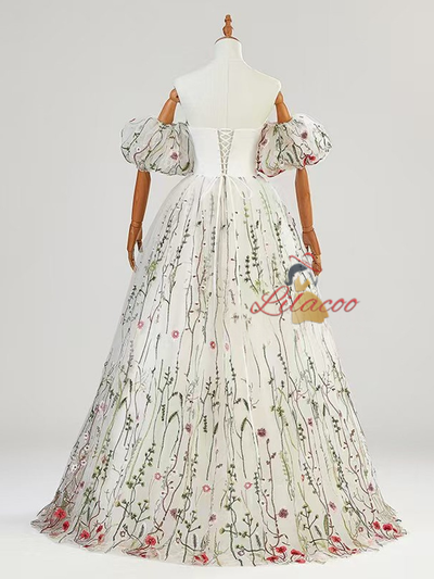 White Tulle Embroidery Puff Sleeve Prom Dress