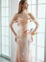Sexy Pink Tulle Long Sleeve Flower Prom Dress