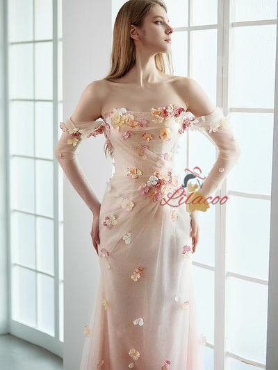 Sexy Pink Tulle Long Sleeve Flower Prom Dress