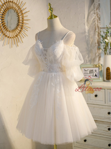 Ivory Tulle Lace Puff Sleeve Homecoming Dress