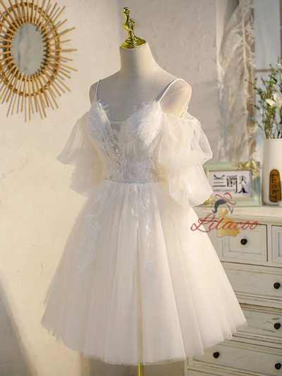 Ivory Tulle Lace Puff Sleeve Homecoming Dress