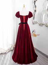 Burgundy Velvet Puff Sleeve Prom Dress