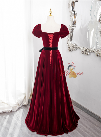 Burgundy Velvet Puff Sleeve Prom Dress