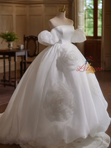 Simple White Tulle Strapless 3D Flower Wedding Dress