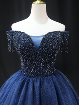 Navy Blue Tulle Off the Shoulder Beading Homecoming Dress