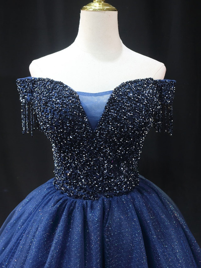 Navy Blue Tulle Off the Shoulder Beading Homecoming Dress