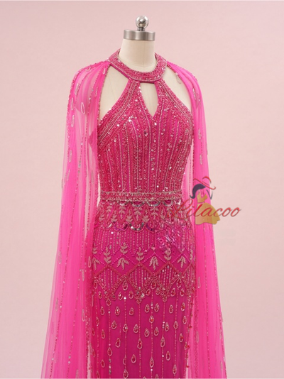 Fuchsia Mermaid Tulle Halter Beading Sequins Prom Dress