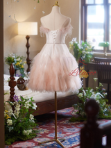 Pink Tulle Strapless Feather Homecoming Dress
