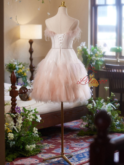 Pink Tulle Strapless Feather Homecoming Dress