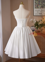 White Satin Strapless Pleats Bow Wedding Dress