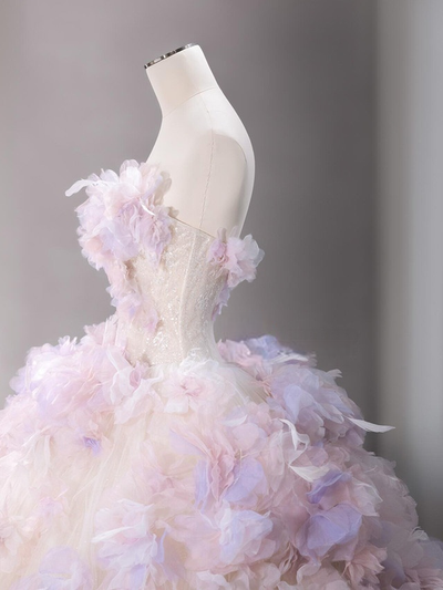 Ball Gown Strapless Tulle 3D Flower Wedding Dress