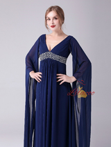 Navy Blue Deep V-neck High Waist Mother Of The Bride Dress