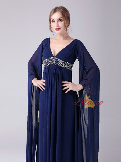 Navy Blue Deep V-neck High Waist Mother Of The Bride Dress