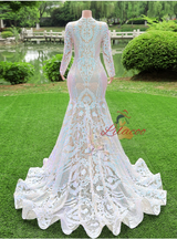 White Mermaid Sequins Long Sleeve Prom Dress