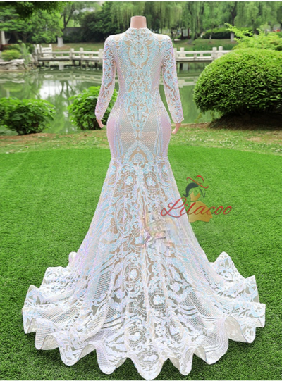 White Mermaid Sequins Long Sleeve Prom Dress