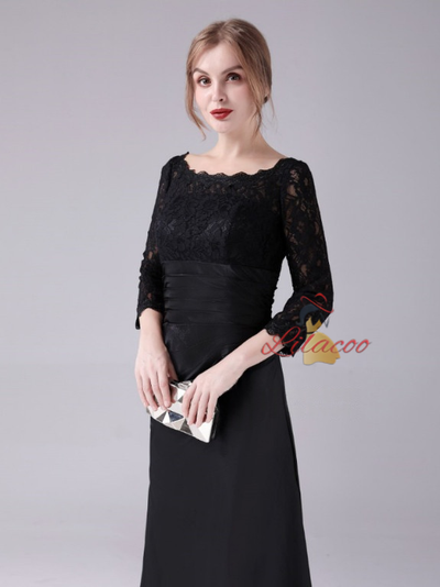 Black Lace 3/4 Sleeve Pleats Mother Of The Bride Dress