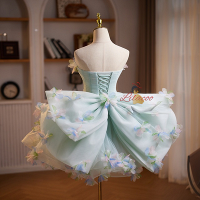 Green Tulle Strapless Flower Homecoming Dress
