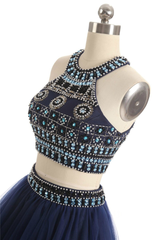 Navy Blue Two Piece Beading Homecoming Dress