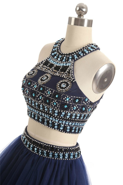Navy Blue Two Piece Beading Homecoming Dress