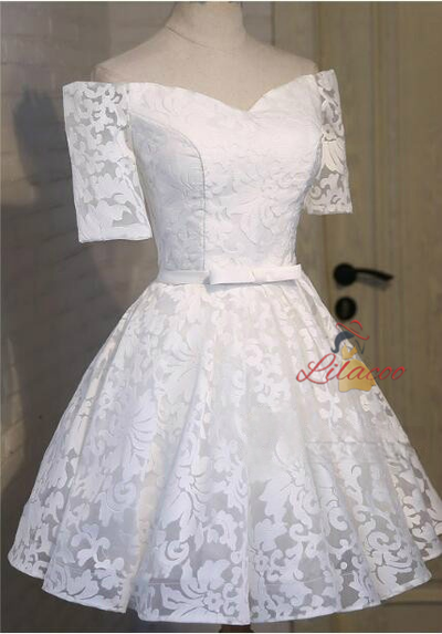 Yellow Lace Short Sleeve Homecoming Dress