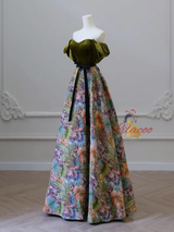 Green Velvet Print Short Sleeve Prom Dress