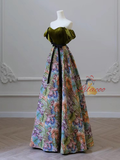 Green Velvet Print Short Sleeve Prom Dress