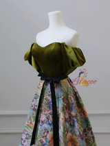 Green Velvet Print Short Sleeve Prom Dress