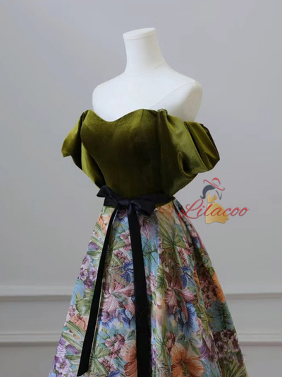Green Velvet Print Short Sleeve Prom Dress
