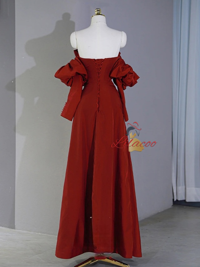 Burgundy Long Sleeve Pleats Prom Dress