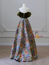 Green Velvet Print Short Sleeve Prom Dress