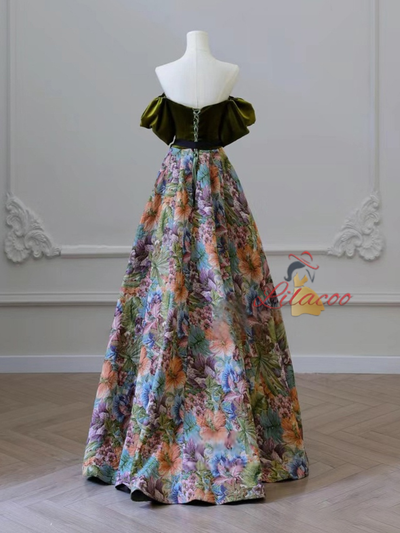 Green Velvet Print Short Sleeve Prom Dress