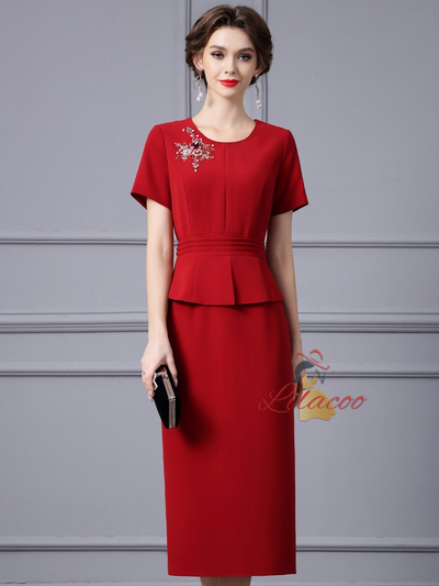 Red Short Sleeve Beading Mother Of The Bride Dress