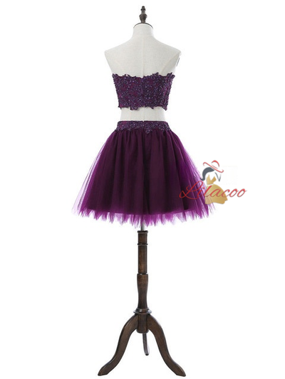 Purple Two Piece Tulle Lace Homecoming Dress