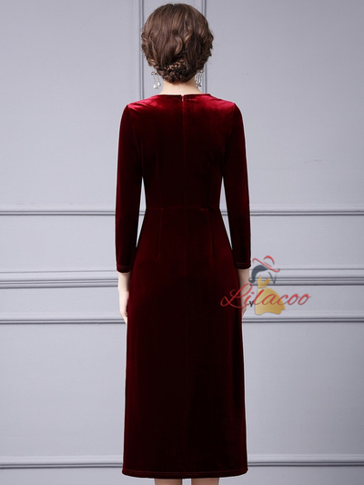 Burgundy Velvet Sequins Pleats Mother Of The Bride Dress