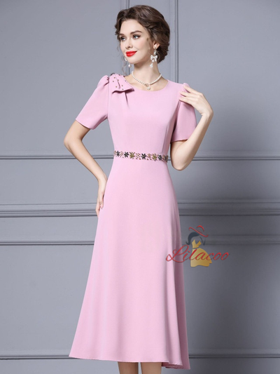 Pink Short Sleeve Beading Mother Of The Bride Dress