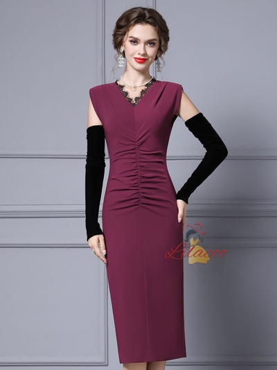 Burgundy V-neck Lace Mother Of The Bride Dress