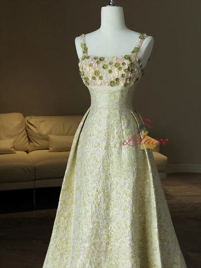Green Straps Flower Beading Prom Dress