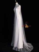 White Mermaid Tulle High Neck Crystal Wedding Dress